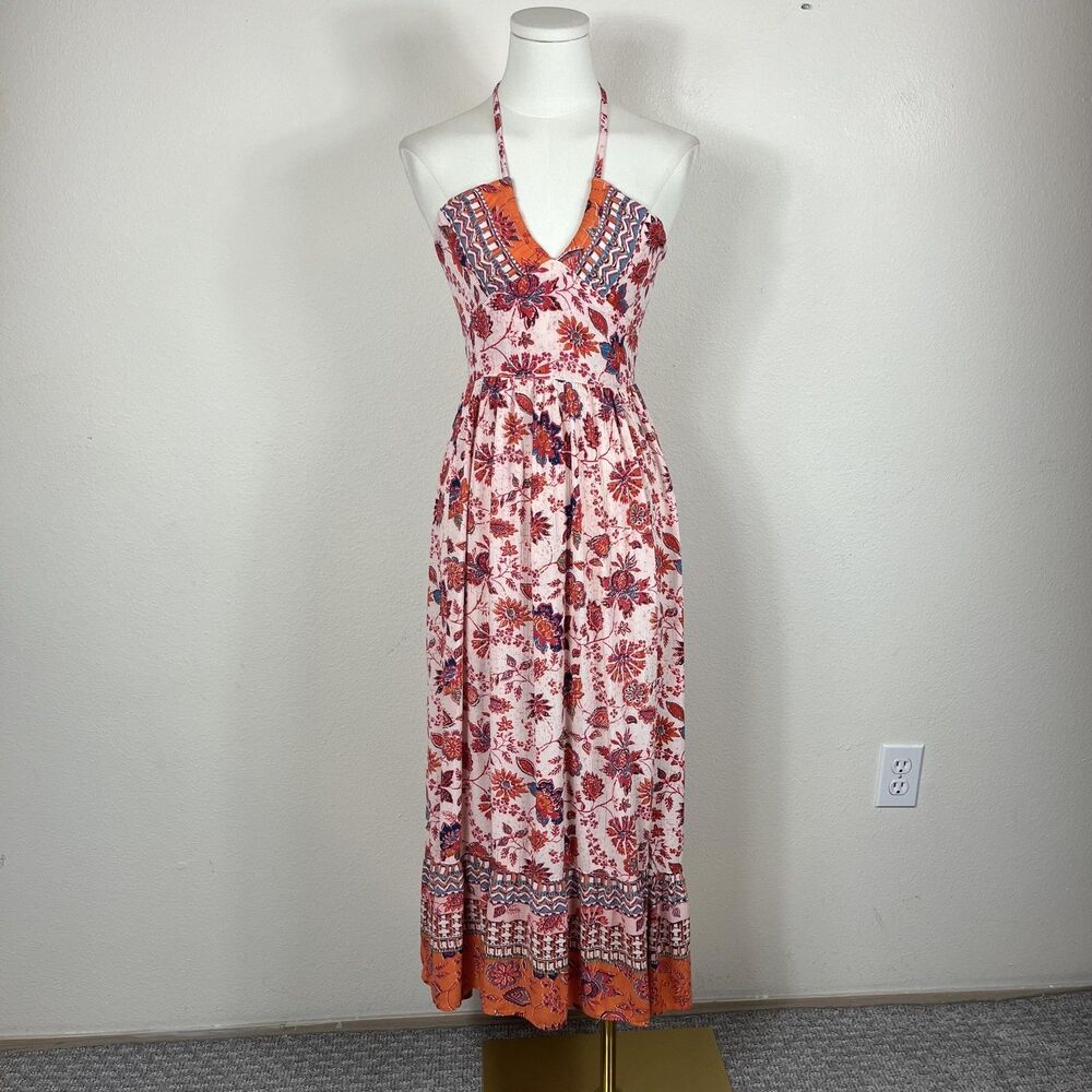 Angie Dress Womens Small Pink Orange Floral Halter Maxi Boho Sundress Ruffle